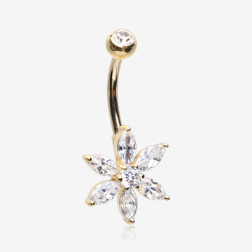 14 Karat Gold Marquise Cut Sparkle Prong Set Flower Belly Button Ring-Clear Gem